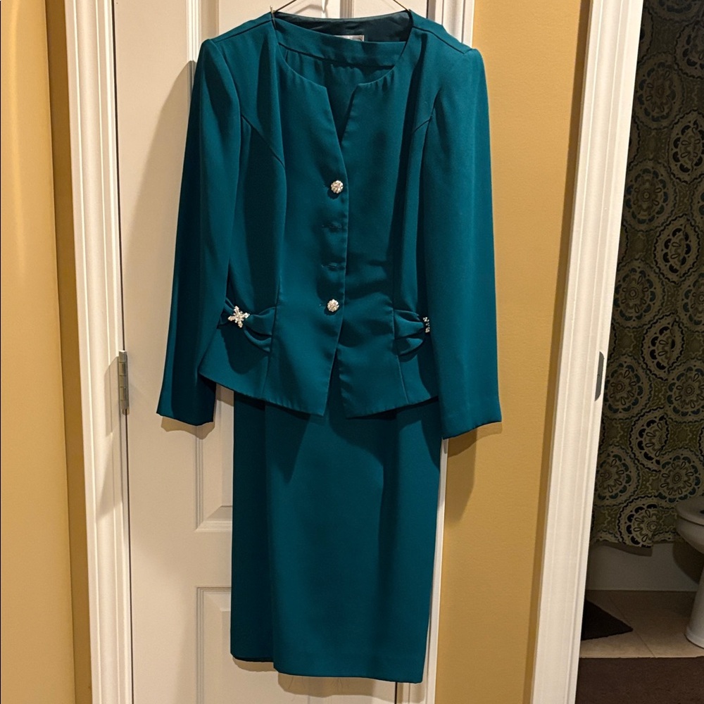 Elegant Teal Skirt Set with Decorative Buttons